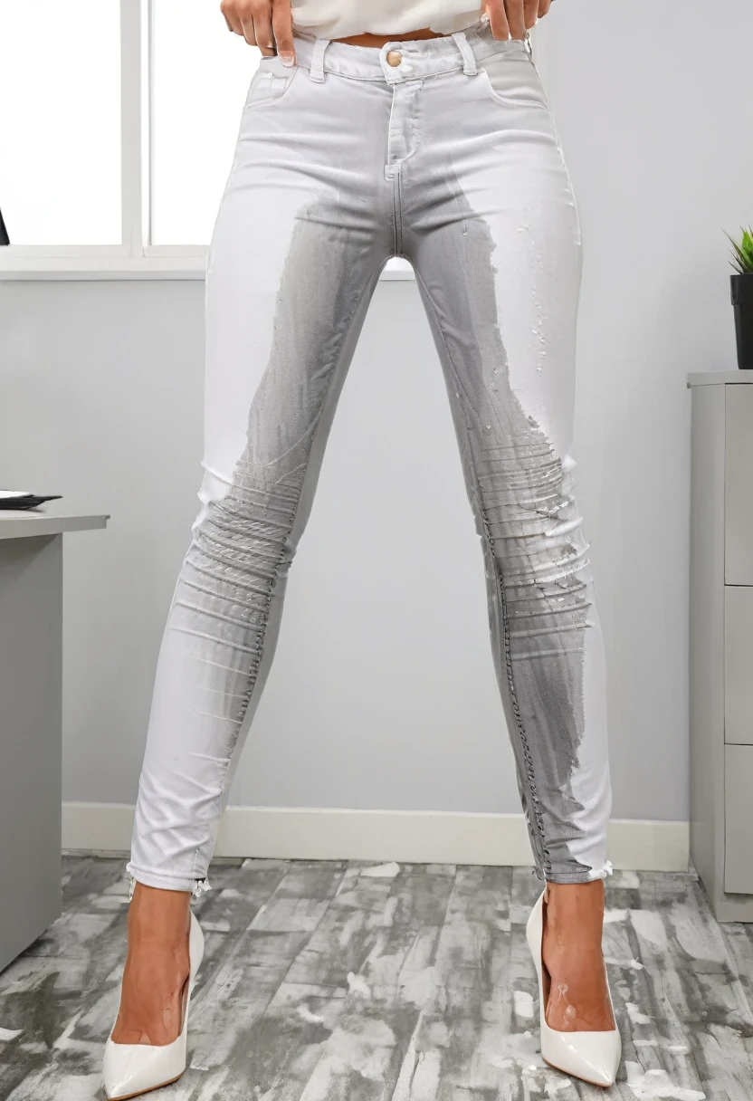 attractive blonde woman wearing white skinny jeans, high heel pumps, white blouse, standing in an office,  wetting, big smile, pee stains are gleaming wet