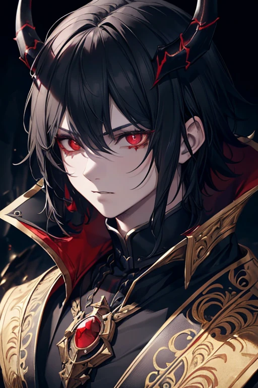 a boy with black hair, red eyes, horns, demonic features, prince, dark fantasy, highly detailed, ornate clothing, chiaroscuro lighting, dramatic, intricate background, cinematic composition, muted color palette, photorealistic, 8k, (best quality:1.2), (extremely detailed:1.4), (ultra-detailed face and features:1.4)