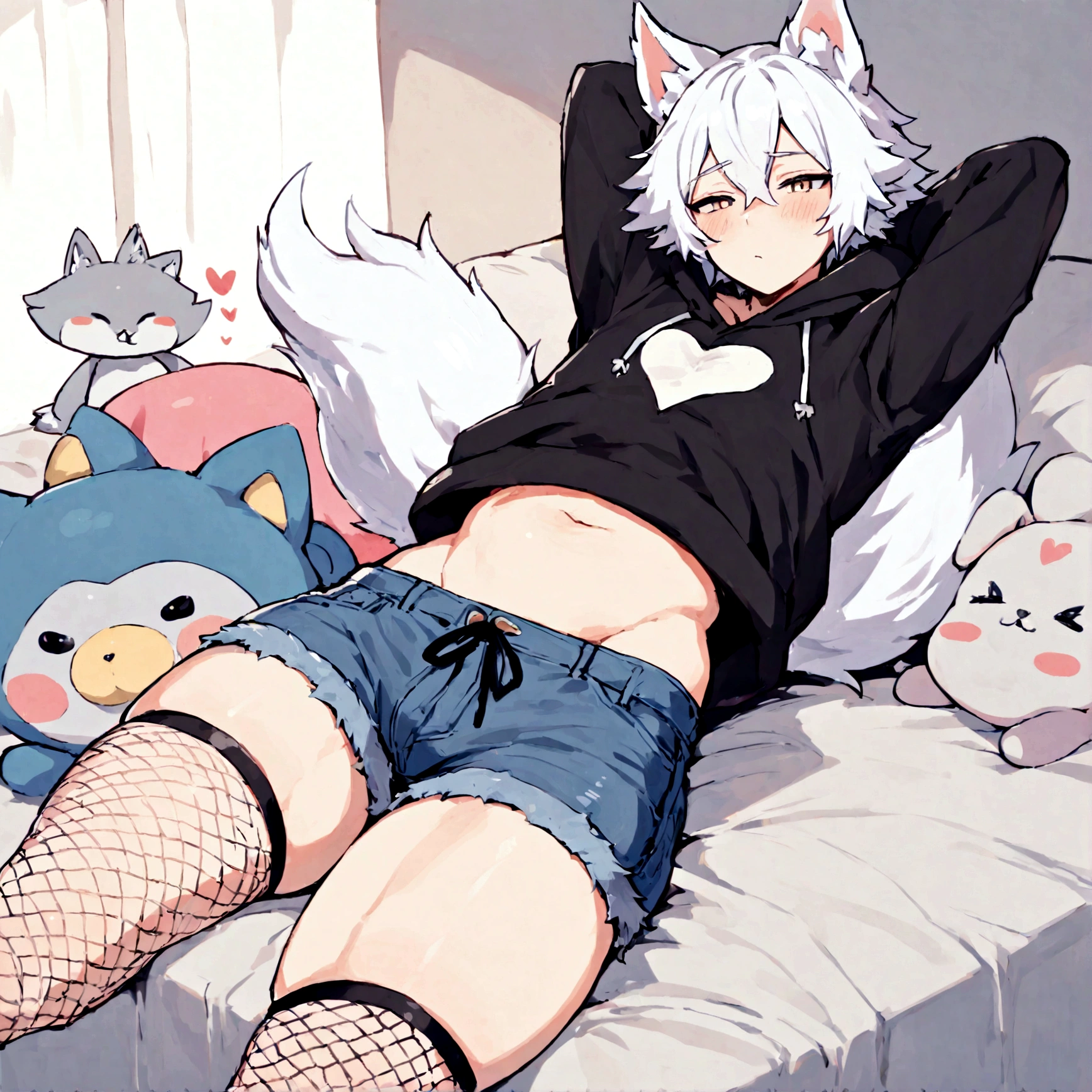 a cute adult male with wolf ears, white hair, has a wolf tail, wearing a loose cropped oversized black hoodie, wearing a pair of denim short shorts and fishnet stockings, thick thighs, wide hips, relaxing on bed surrounded by cute plushies, short, very slim, showing slender tummy, stretching out, heart on hoodie, squishy thighs