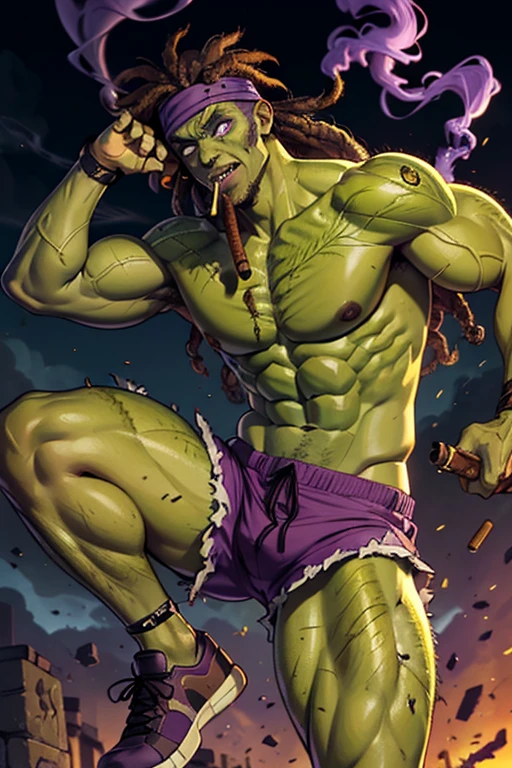 (Male of Caucasian origin).A ((muscular:1.2)) ((green skin:1.2)) ((zombie)), (missing left eye), long brown dreadlocks, rotting flesh, purple headband, purple shorts, athletic shoes, ((cigarillo in his mouth)) with massive clouds of purple smoke. smoke coming out of the left eye socket. Stoner.
