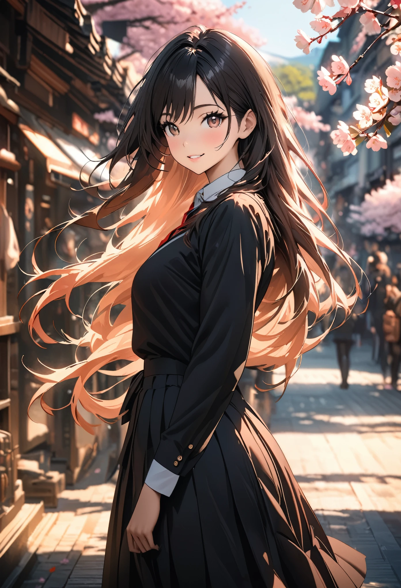 ((best quality)), ((masterpiece)), (detailed), (High contrast natural side daylight, Dynamic lighting, movie lighting), side view, look back, Anime style, Cute Japanese girl, looking at the audience, Smooth and fair skin, Exaggerated super long hair, Black straight hair wavy headl, Long hair blows with the wind, ((Super fine hair quality)),  Looks cute, long upper eyelashes, thin eyebrows, big eyes, Amber pupils, Ultra-detailed eyes, Slightly blush, Smile, Exquisite rimless glasses, Detailed face, detailed face, Small nose, Small lips, rest, 
((symmetrical clothes, Uniforms, white collar button down shirt, Black pleated student skirt, dark stockings, Dark student shoes)), Perfect clothing texture, perfect body structure, attractive body shape, Long and sexy legs, Perfect foot quality, Perfect hand quality, beautiful limbs, Beautiful fingers, rest,
 (Beautiful Wind scenery), (Micro Wind Outdoor), Quiet Japanese city broad streets, Spring morning, (Wind), (Cherry blossoms), ((Perfect composition)), highlight the subject, (Detailed background:1.5), RAW photo, CG Unity, photography, Surreal details, Be focused, (Deformed depth of field blurred background), [[color saturation]], (Japanese style photos:0.3),