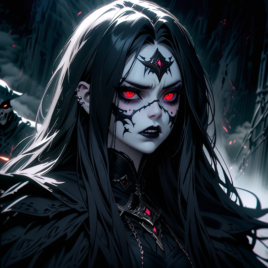 A mean girl, beautiful face, evil expression, piercing eyes, long eyelashes, detailed facial features, pale skin, dark makeup, dark outfit, cold demeanor, imposing presence, dramatic lighting, moody atmosphere, cinematic, dark fantasy, digital art