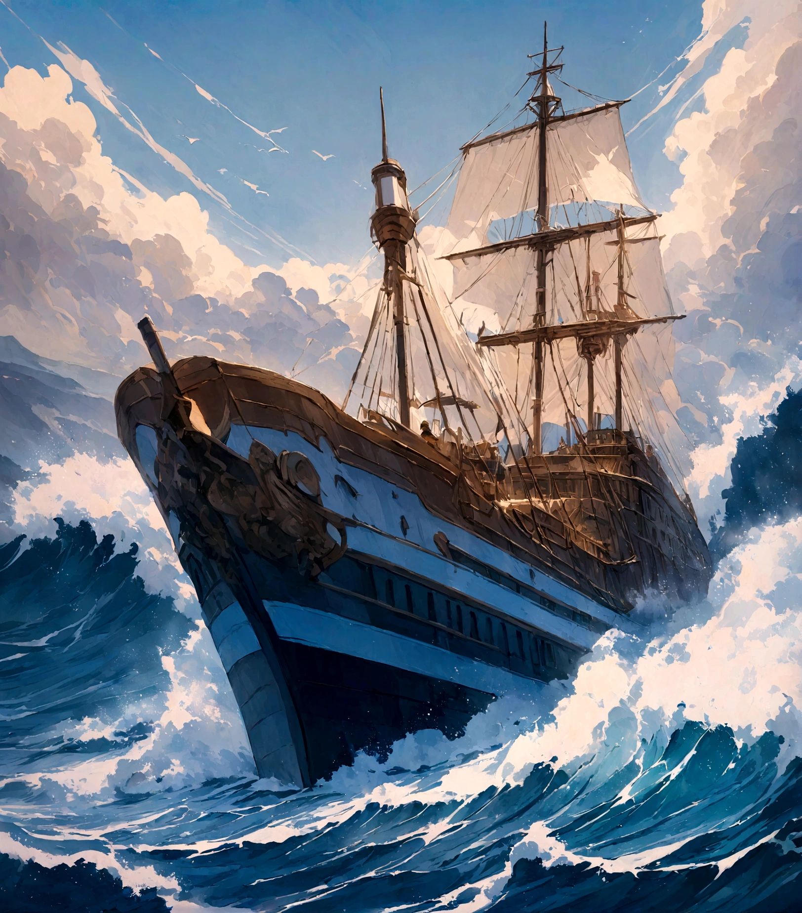 This is an oil painting.,A couple,A couple相拥,在Costa最高处,,Big scene,Cruise ship on the sea,Luxury Cruise,Costa,Blue sea,seawater,蓝色的seawater,Waves,The ship is sailing on the sea,