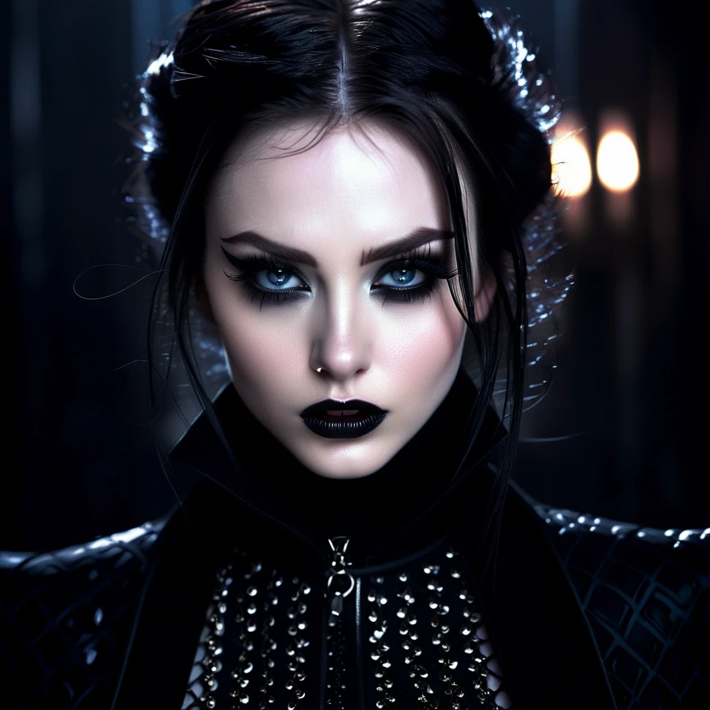 A mean girl, beautiful face, evil expression, piercing eyes, long eyelashes, detailed facial features, pale skin, dark makeup, dark outfit, cold demeanor, imposing presence, dramatic lighting, moody atmosphere, cinematic, dark fantasy, digital art
