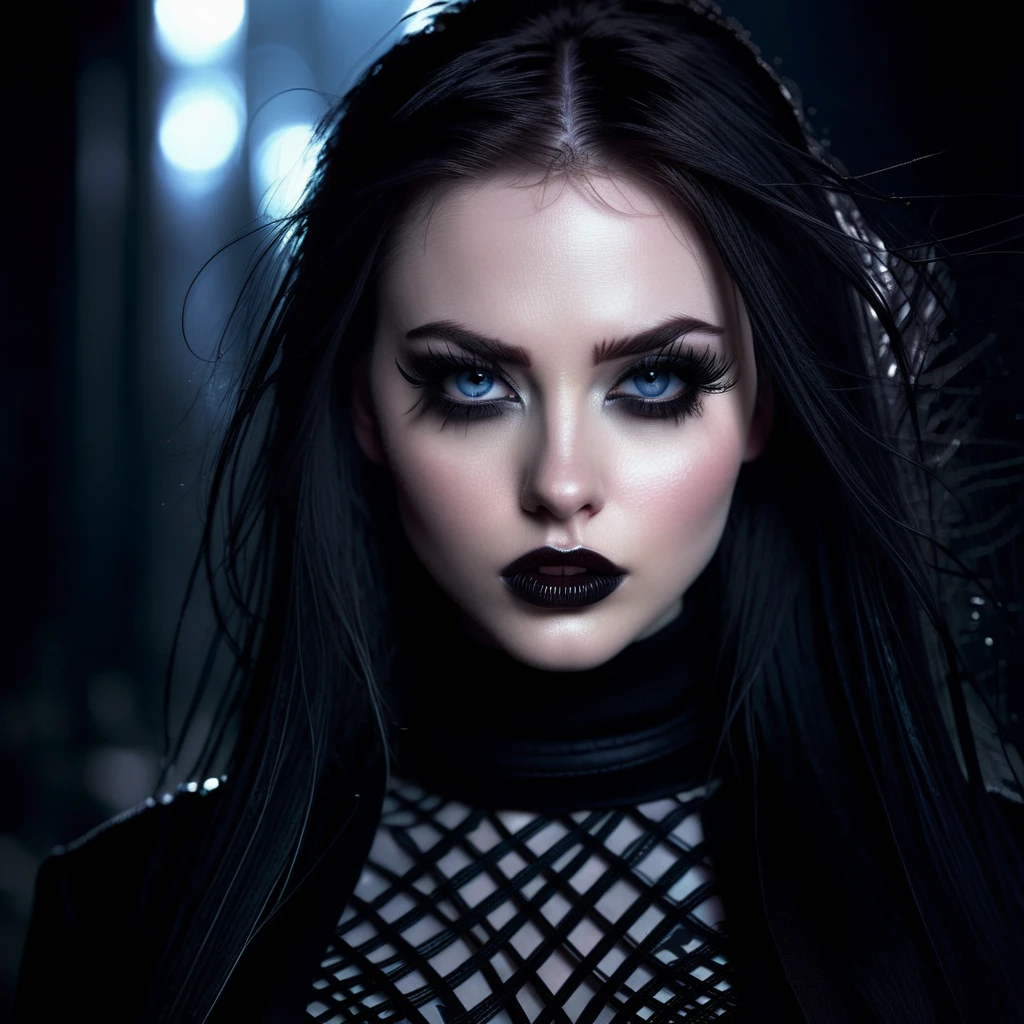 A mean girl, beautiful face, evil expression, piercing eyes, long eyelashes, detailed facial features, pale skin, dark makeup, dark outfit, cold demeanor, imposing presence, dramatic lighting, moody atmosphere, cinematic, dark fantasy, digital art