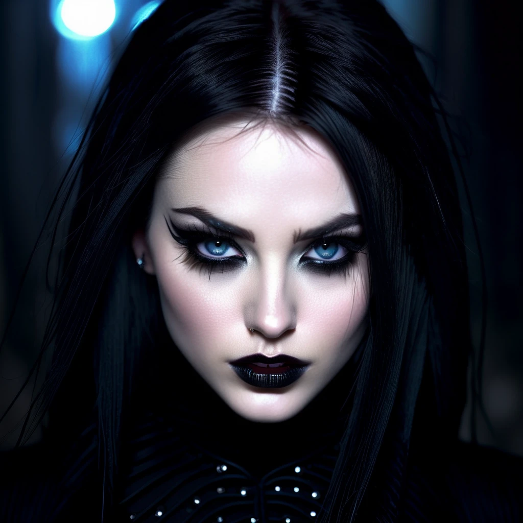 A mean girl, beautiful face, evil expression, piercing eyes, long eyelashes, detailed facial features, pale skin, dark makeup, dark outfit, cold demeanor, imposing presence, dramatic lighting, moody atmosphere, cinematic, dark fantasy, digital art
