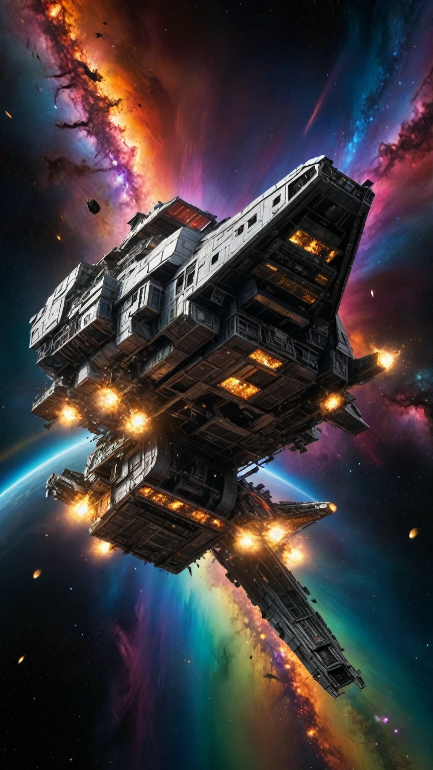 a massive damaged spaceship torn apart by accretion disk tidal waves, flying through fiery debris against a starry background with a vibrant rainbow nebula, highly detailed, 8k, photorealistic, studio lighting, cinematic, dramatic lighting, hyper detailed, intricate, complex, realistic physics, volumetric lighting, god rays, intricate mechanical details, weathered and worn metal, dynamic motion blur, extreme detail, cinematic angles, dramatic chiaroscuro