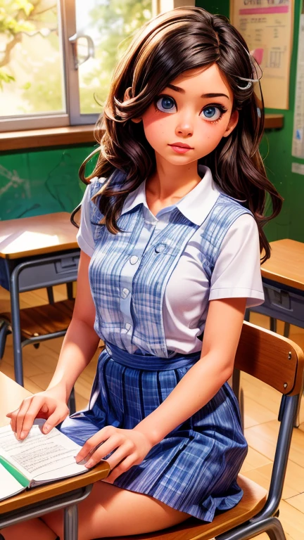 a mean girl in a classroom, tripping her friend, beautiful detailed eyes, beautiful detailed lips, extremely detailed eyes and face, longeyelashes, 1girl, school uniform, mischievous expression, classroom environment, desks, chairs, blackboard, sneaky, (best quality,4k,8k,highres,masterpiece:1.2),ultra-detailed,(realistic,photorealistic,photo-realistic:1.37),digital painting, vibrant colors, cinematic lighting, dramatic shadows