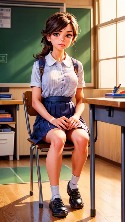 a mean girl in a classroom, tripping her friend, beautiful detailed eyes, beautiful detailed lips, extremely detailed eyes and face, longeyelashes, 1girl, school uniform, mischievous expression, classroom environment, desks, chairs, blackboard, sneaky, (best quality,4k,8k,highres,masterpiece:1.2),ultra-detailed,(realistic,photorealistic,photo-realistic:1.37),digital painting, vibrant colors, cinematic lighting, dramatic shadows