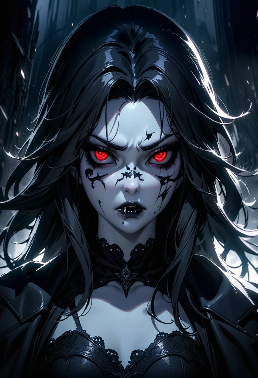A mean girl, beautiful face, evil expression, piercing eyes, long eyelashes, detailed facial features, pale skin, dark makeup, dark outfit, cold demeanor, imposing presence, dramatic lighting, moody atmosphere, cinematic, dark fantasy, digital art