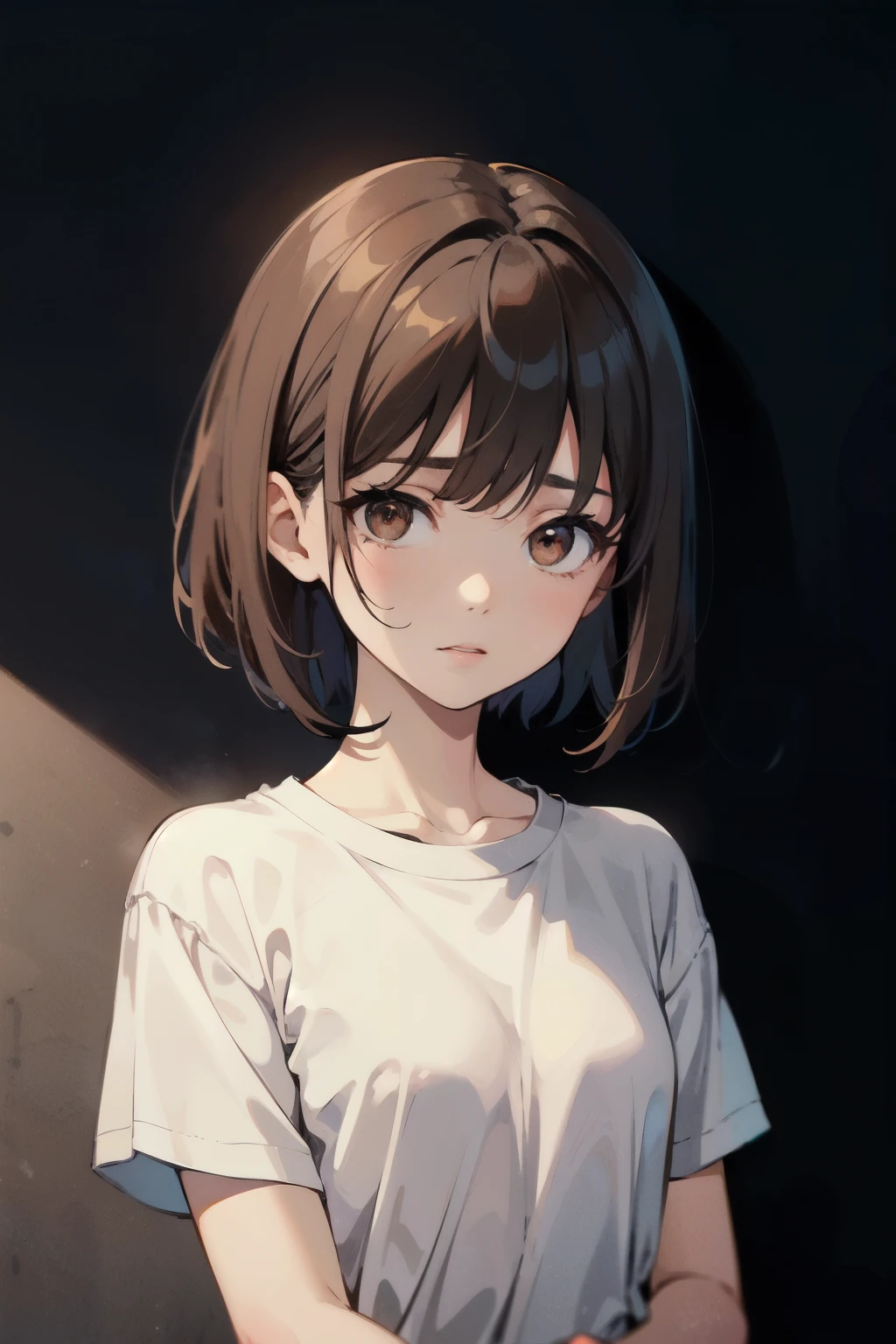 masterpiece, Best Quality 1 Girl, short hair, looking at the audience, Solitary, Brown eyes, shirt , !, brown hair, white shirt, Bangs, Upper Body, Shut up, Black Hair, shadow , No hands,Raise your eyes