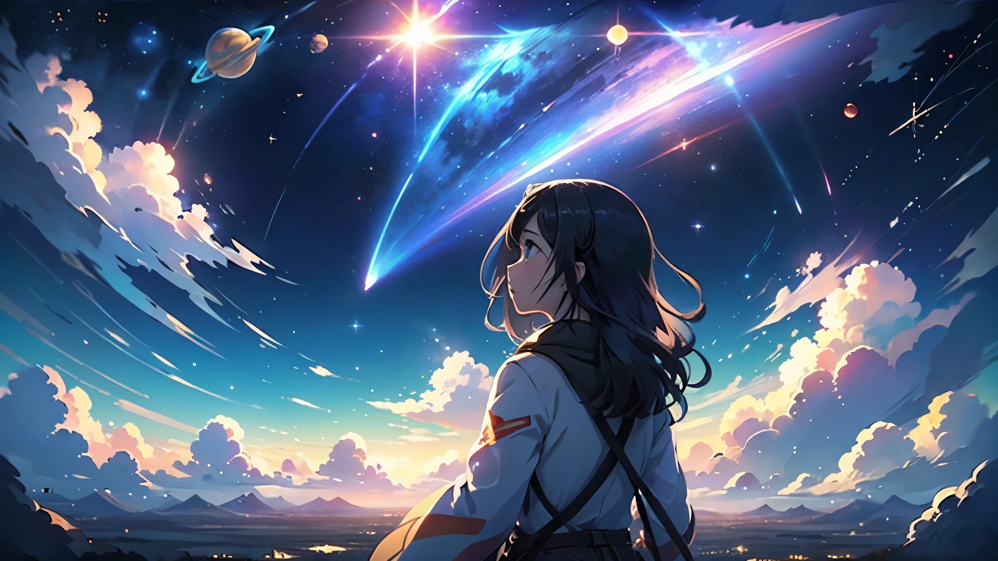 Girl pointing at the sky, profile, On the left of the screen (((Planets suffering from Rayleigh dispersion))), (((The planet is very far away))), Lots of clouds, View from above, Focus Sky