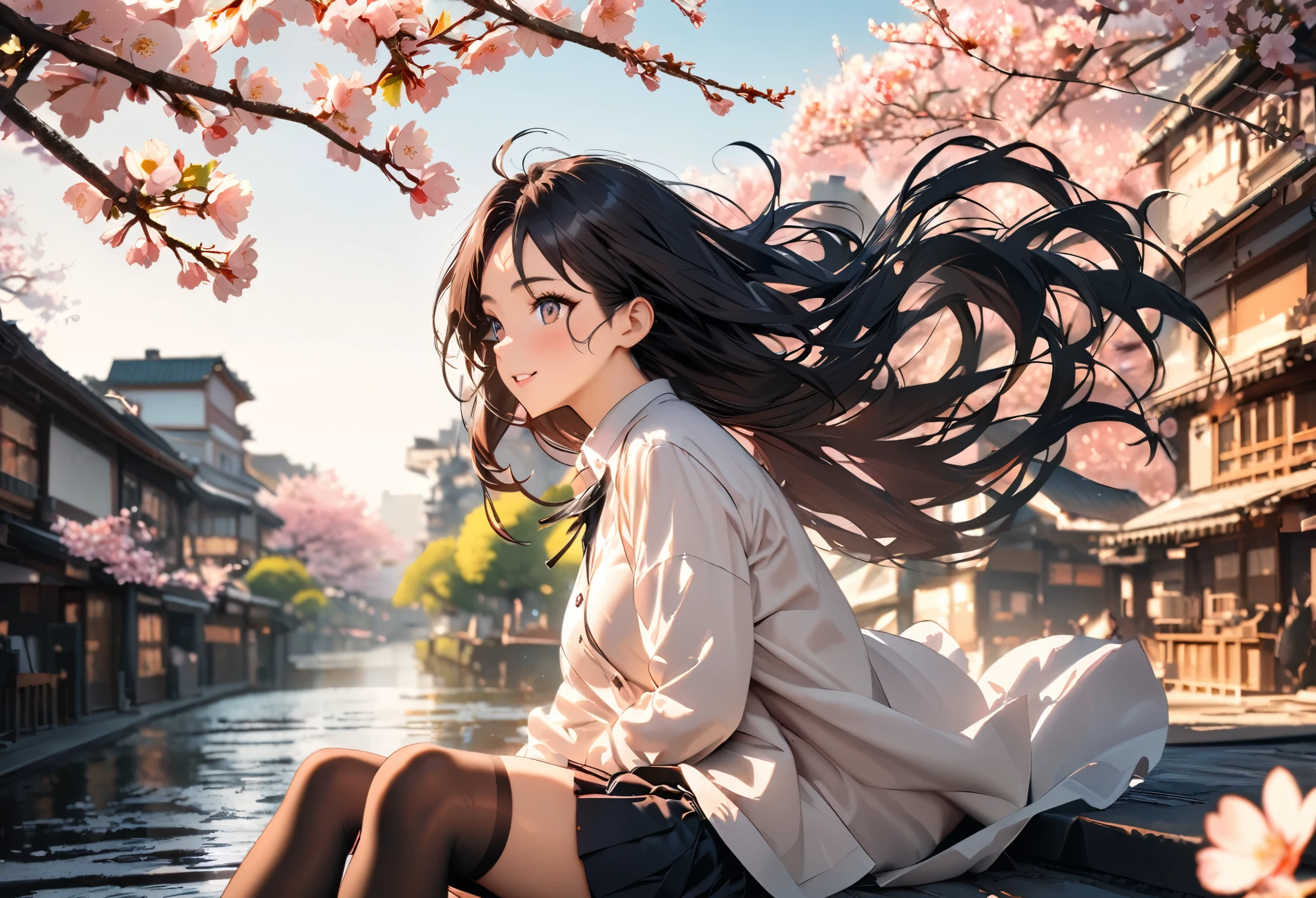 ((best quality)), ((masterpiece)), (detailed), (High contrast natural side daylight, Dynamic lighting, movie lighting), side view, look back, Anime style, Cute Japanese girl, looking at the audience, Smooth and fair skin, Exaggerated super long hair, Black straight hair wavy headl, Long hair blows with the wind, ((Super fine hair quality)),  Looks cute, long upper eyelashes, thin eyebrows, big eyes, Amber pupils, Ultra-detailed eyes, Slightly blush, Smile, Exquisite rimless glasses, Detailed face, detailed face, Small nose, Small lips, rest, 
((symmetrical clothes, Uniforms, white collar button down shirt, Black pleated student skirt, dark stockings, Dark student shoes)), Perfect clothing texture, perfect body structure, attractive body shape, Long and sexy legs, Perfect foot quality, Perfect hand quality, beautiful limbs, Beautiful fingers, rest,
 (Beautiful Wind scenery), (Micro Wind Outdoor), Quiet Japanese city broad streets, Spring morning, (Wind), (Cherry blossoms), ((Perfect composition)), highlight the subject, (Detailed background:1.5), RAW photo, CG Unity, photography, Surreal details, Be focused, (Deformed depth of field blurred background), [[color saturation]], (Japanese style photos:0.3),