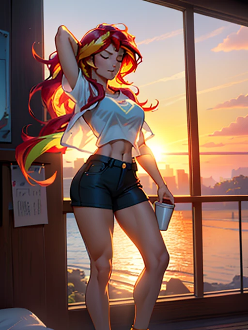 1girl, Sunsethuman, Sunset Shimmer, My little pony's Sunset Shimmer, Sunset Shimmer na forma de uma menina, seios grandes, seios exuberantes, seios volumosos, seios firmes, suor, molhado com suor, canela, saltos, feets, cinco dedos, detailed hands, dois tons de cabelo, cabelos vermelhos e amarelos, de frente, solo, um personagem, bare foots, sem sapatos, pernas separadas, gym locker room,  (deitado de costas), deitado em um banco sem costas, cueca de renda branca, pernas afastadas, , piso frio, vista superior, piso molhado, (de cueca branca), magra, without muscles, corpo normal