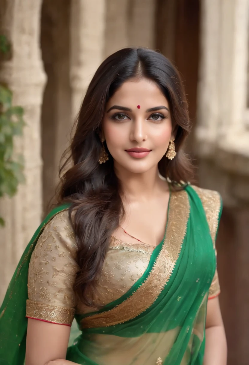 Wear Saree sitting, gorgeous royal, (((covered Chest))), (Bateau blouse), (Halter neck blouse), (High neck blouse), long sleeve blouse, covered breast, full body covered, ((Katrina kaif:1.2)), jewellery, gem, necklace, gold bracelet, anklets, thick lips, skindentation, parted lips, ulzzang-6500-v1.1, portrait of a beautiful Indian woman, From Golden Skin, honey-coloured, fluffy turned, HDR, shallow depth of field, broad light, backlighting, bloom, light sparkles, chromatic aberration, sharp focus, Nikon Z 85mm, unparalleled masterpiece, ultra-realistic 8k photos, best quality masterpiece, best quality, (photorealistic:1.2), (realistic:1.5), (hyperrealistic:1.2),(photorealistic face:1.2), (close up:1.6), (light blonde hair), (blue eyes), ((big cheeks)), (beautiful face:1.8), (detailed face:1.6), (medium breast:1.2), (detailed bright eyes:1.5), (eyelashes:1.4), (smiling:1.3), (detailed long black hair), (Green saree:1.5), (narrow waist:1.5), (thigh: 1.5), (realistic human skin:1.6), (full curvy body) (detailed eyes), (seductive pose), (detailed facial features), (detailed clothes features), (necklace), (earrings), (bracelet), ( Silk Green saree)