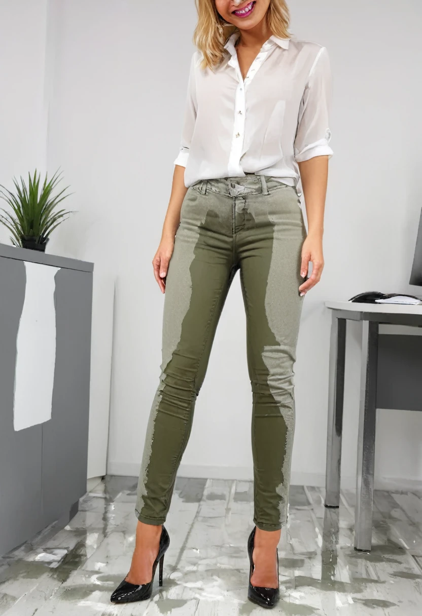 attractive blonde woman wearing olive green skinny jeans, high heel pumps, white blouse, standing in an office, wetting, big smile, pee stains are gleaming wet