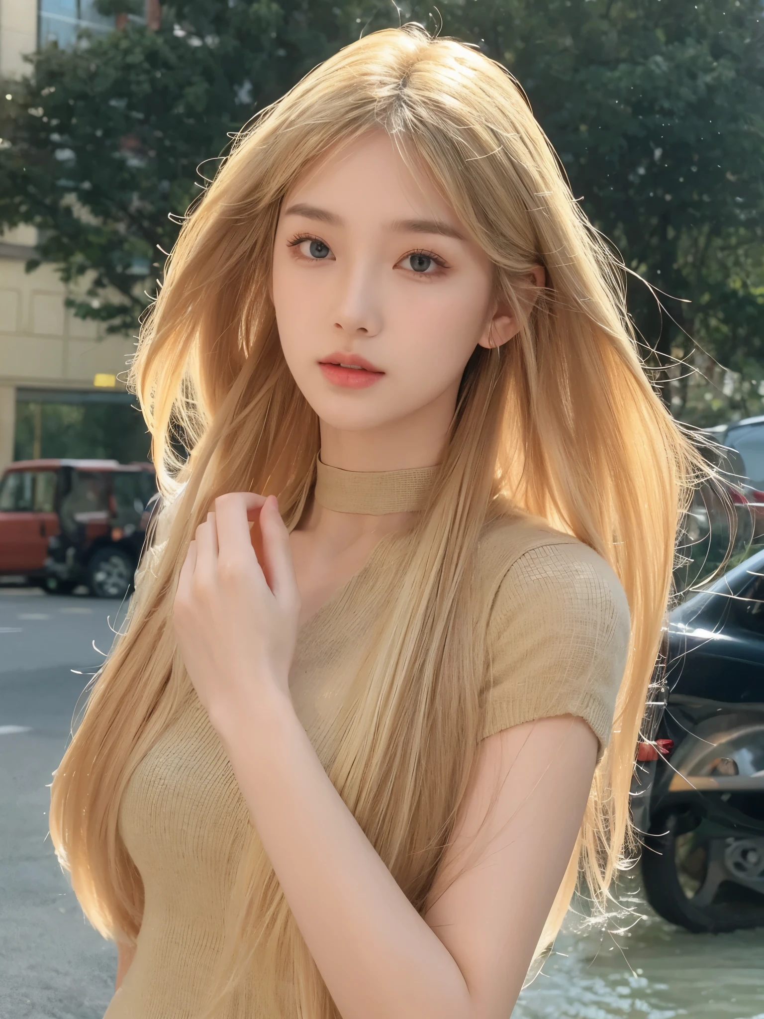 Middle-parted bangs，Long straight blond hair，Natural and beautiful hair，The background is simple, clean and beautiful