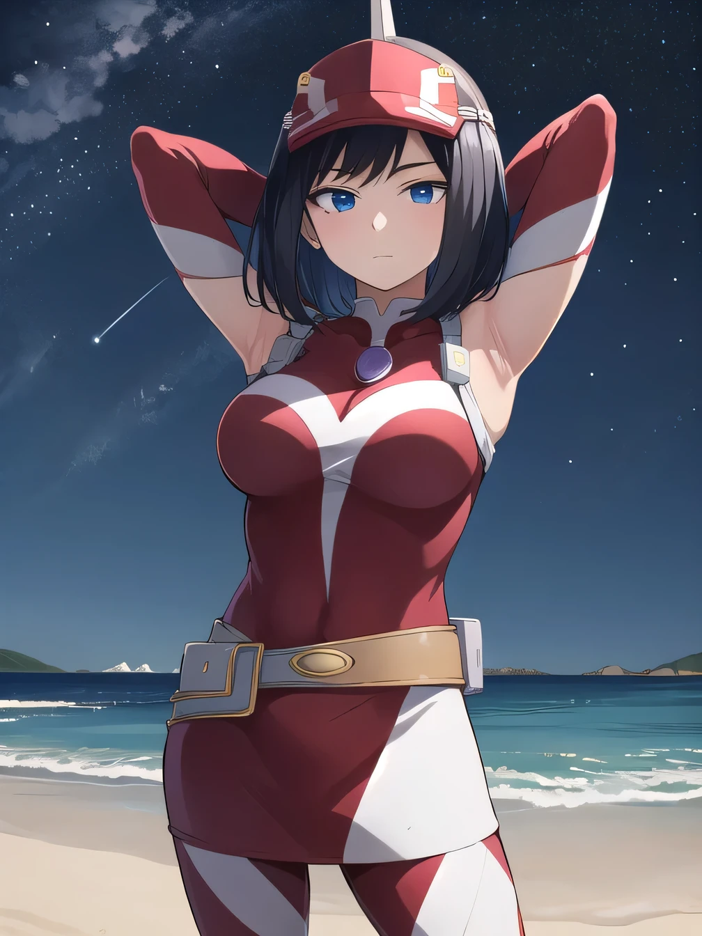 kodaiyui, visor cap, red and white bodysuit, long sleeves, belt, white skirt, looking at viewer, emotionless, showing armpit, looking at viewer, solo, contrapposto, spread armpit, arms behind head, smile, looking at viewer, (cowboy shot:1.5), closed mouth, night sky, beach, best quality, expressionless, anime, anime coloring,