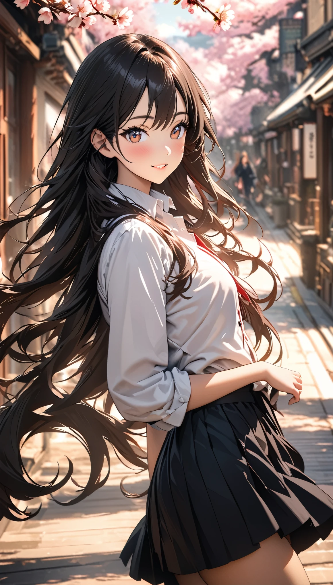 ((best quality)), ((masterpiece)), (detailed), (High contrast natural side daylight, Dynamic lighting, movie lighting), side view, look back, Anime style, Cute Japanese girl, looking at the audience, Smooth and fair skin, Exaggerated super long hair, Black straight hair wavy headl, Long hair blows with the wind, ((Super fine hair quality)),  Looks cute, long upper eyelashes, thin eyebrows, big eyes, Amber pupils, Ultra-detailed eyes, Slightly blush, Smile, Exquisite rimless glasses, Detailed face, detailed face, Small nose, Small lips, rest, 
((symmetrical clothes, Uniforms, white collar button down shirt, Black pleated student skirt, dark stockings, Dark student shoes)), Perfect clothing texture, perfect body structure, attractive body shape, Long and sexy legs, Perfect foot quality, Perfect hand quality, beautiful limbs, Beautiful fingers, rest,
 (Beautiful Wind scenery), (Micro Wind Outdoor), Quiet Japanese city broad streets, Spring morning, (Wind), (Cherry blossoms), ((Perfect composition)), highlight the subject, (Detailed background:1.5), RAW photo, CG Unity, photography, Surreal details, Be focused, (Deformed depth of field blurred background), [[color saturation]], (Japanese style photos:0.3),