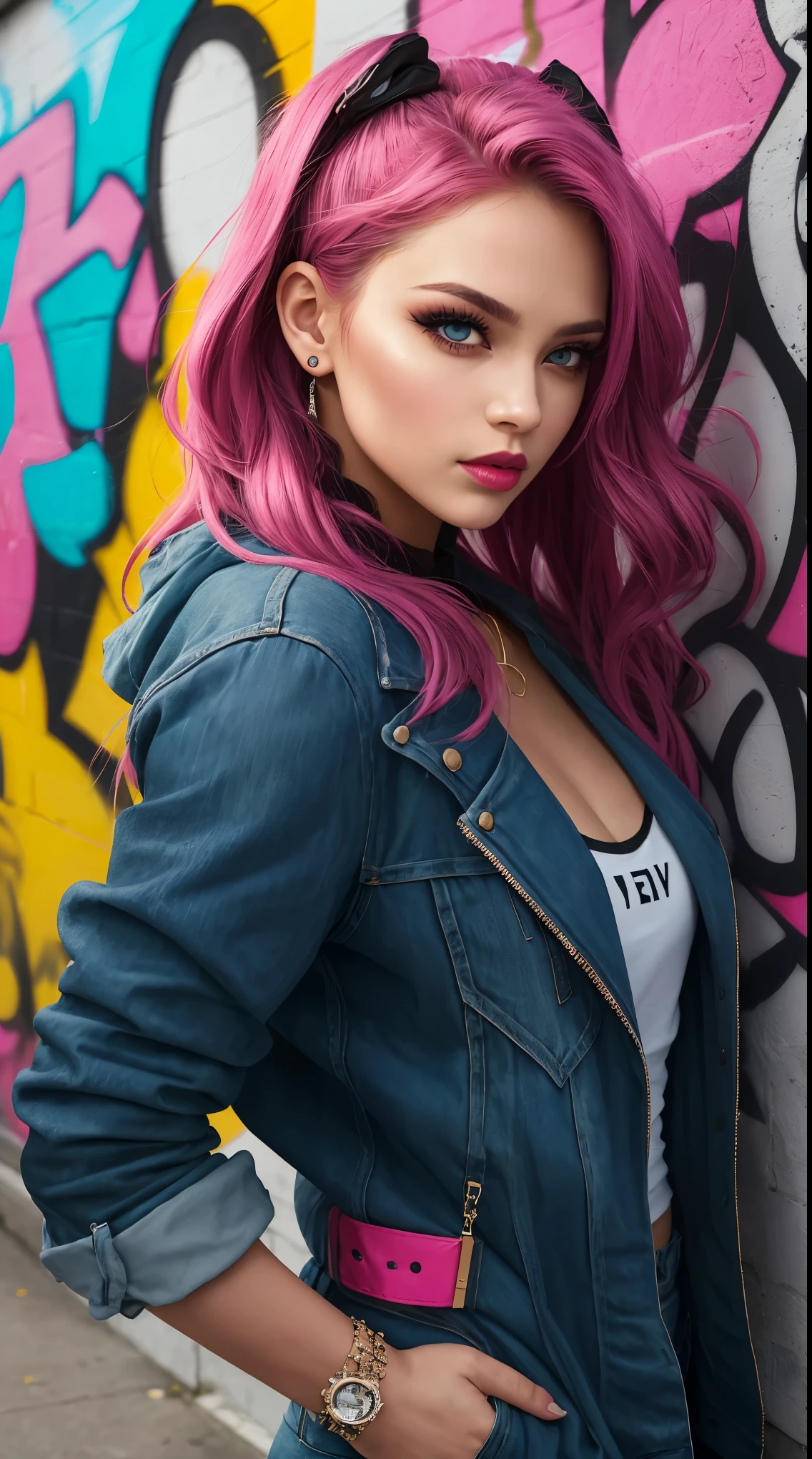 A rebellious girl with a stylish street fashion style, featuring a sultry look and a smoky eye makeup. The background is a graffiti wall, showcasing a dynamic pose in a colorful photograph. (best quality,4k,8k,highres,masterpiece:1.2),ultra-detailed,(realistic,photorealistic,photo-realistic:1.37),street photography,vivid colors,urban fashion,portraits,fashion model