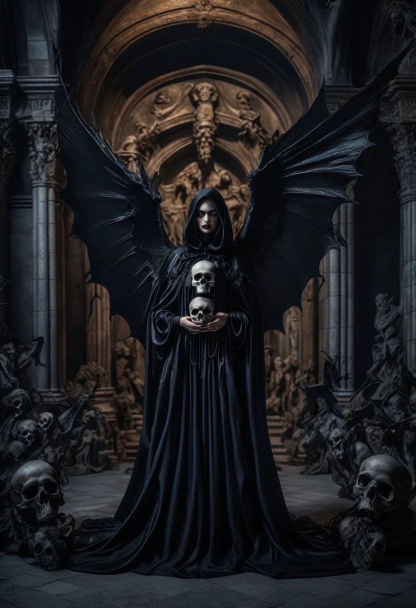 {A hyper realistic photograph of a beautiful girl with fangs and black wings, dressed in a scary cloak, floating in mid-air and facing forward, holding a human skull in each hand, with a gothic, ancient building adorned with statues of mythological creatures, similar to those in Dracula films as the backdrop, the setting is dark and foreboding, with shadows cast by the moonlight, high resolution, 8K, detailed, close-up shot, 50mm lens, highly detailed, HDR, soft ambient light, monochromatic tones}
