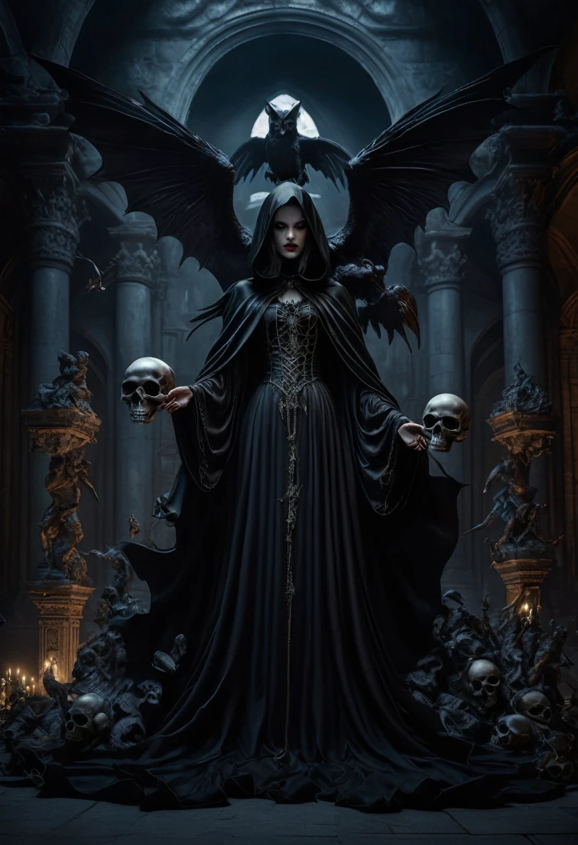 {A hyper realistic photograph of a beautiful girl with fangs and black wings, dressed in a scary cloak, floating in mid-air and facing forward, holding a human skull in each hand, with a gothic, ancient building adorned with statues of mythological creatures, similar to those in Dracula films as the backdrop, the setting is dark and foreboding, with shadows cast by the moonlight, high resolution, 8K, detailed, close-up shot, 50mm lens, highly detailed, HDR, soft ambient light, monochromatic tones}
