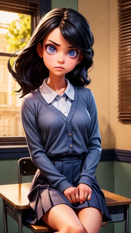 A mean girl in a school classroom, glaring sideways with a malicious expression, detailed facial features, beautiful detailed eyes, beautiful detailed lips, extremely detailed eyes and face, long eyelashes, school uniform, sitting at a desk, dramatic lighting, dark moody colors, cinematic lighting, dramatic shadows, high contrast, digital art, award winning, masterpiece