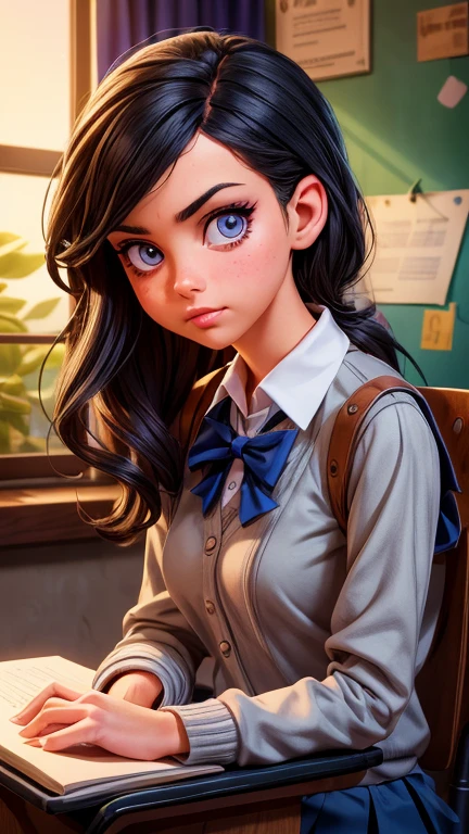 A mean girl in a school classroom, glaring sideways with a malicious expression, detailed facial features, beautiful detailed eyes, beautiful detailed lips, extremely detailed eyes and face, long eyelashes, school uniform, sitting at a desk, dramatic lighting, dark moody colors, cinematic lighting, dramatic shadows, high contrast, digital art, award winning, masterpiece