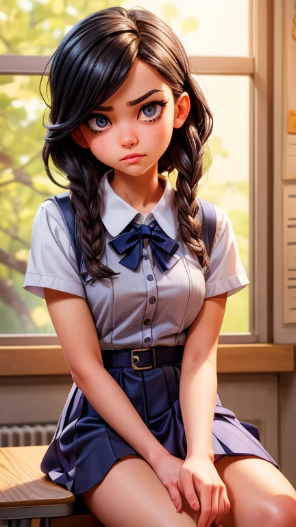 A mean girl in a school classroom, glaring sideways with a malicious expression, detailed facial features, beautiful detailed eyes, beautiful detailed lips, extremely detailed eyes and face, long eyelashes, school uniform, sitting at a desk, dramatic lighting, dark moody colors, cinematic lighting, dramatic shadows, high contrast, digital art, award winning, masterpiece