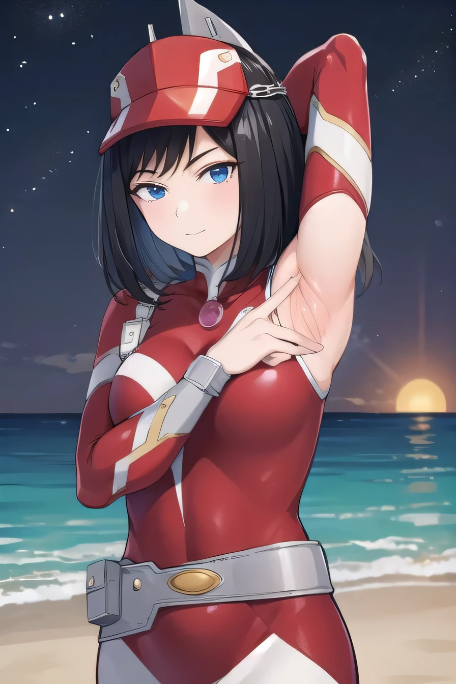 kodaiyui, visor cap, red and white bodysuit, long sleeves, belt, white skirt, looking at viewer, emotionless, showing armpit, looking at viewer, solo, contrapposto, spread armpit, arms behind head, smile, looking at viewer, upper body, closed mouth, night sky, beach, best quality, expressionless, anime, anime coloring,