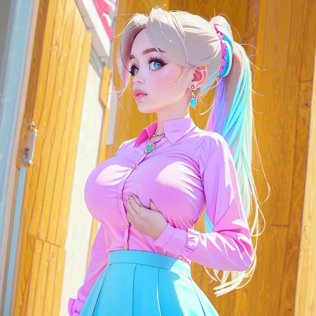 (ultra realistic,32k, masterpiece:1.1),(high detailed skin:1.1), 8k uhd, dslr, high quality, (thick\lips\),
 aakaede,two-tone hair,side ponytail,sidelocks,hair scrunchie,gyaru,earrings,necklace,breasts,,red bowtie,collared shirt,pink shirt,long sleeves,bracelet,blue skirt,, , (huge breast:1.2), 
(looking at viewer, standing, from below:1.1),,
,(iridescence:1.1), blank background