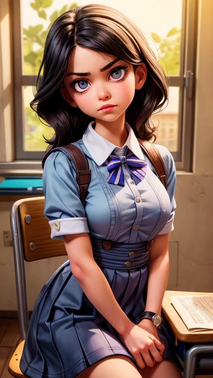 A mean girl in a school classroom, glaring sideways with a malicious expression, detailed facial features, beautiful detailed eyes, beautiful detailed lips, extremely detailed eyes and face, long eyelashes, school uniform, sitting at a desk, dramatic lighting, dark moody colors, cinematic lighting, dramatic shadows, high contrast, digital art, award winning, masterpiece