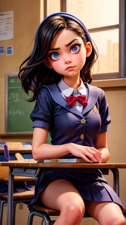 A mean girl in a school classroom, glaring sideways with a malicious expression, detailed facial features, beautiful detailed eyes, beautiful detailed lips, extremely detailed eyes and face, long eyelashes, school uniform, sitting at a desk, dramatic lighting, dark moody colors, cinematic lighting, dramatic shadows, high contrast, digital art, award winning, masterpiece