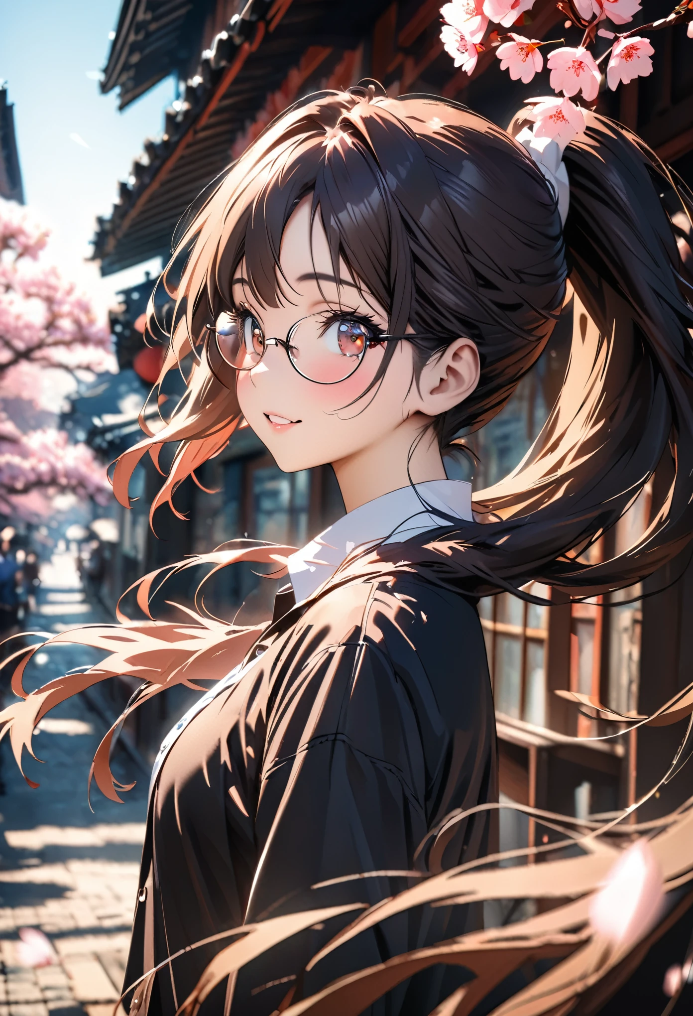 ((best quality)), ((masterpiece)), (detailed), (High contrast natural side daylight, Dynamic lighting, movie lighting), Anime style, Cute Japanese girl, side view, look back, looking at the audience, Smooth and fair skin, Exaggerated super long hair, Black straight hair wavy head and ponytail, Long hair blows with the wind, ((Super fine hair quality)),  Looks cute, long upper eyelashes, thin eyebrows, big eyes, Amber pupils, Ultra-detailed eyes, Slightly blush, Smile, Exquisite rimless glasses, Detailed face, detailed face, Small nose, Small lips, rest, 
((symmetrical clothes, Uniforms, white collar button down shirt, Black pleated student skirt, dark stockings, Dark student shoes)), Perfect clothing texture, perfect body structure, attractive body shape, Long and sexy legs, Perfect foot quality, Perfect hand quality, beautiful limbs, Beautiful fingers, rest, (Beautiful Wind scenery), (Micro Wind Outdoor), Quiet Japanese city broad streets, Spring morning, (Wind), (Cherry blossoms), ((Perfect composition)), highlight the subject, (Detailed background:1.5), RAW photo, CG Unity, photography, Surreal details, Be focused, (Deformed depth of field blurred background), [[color saturation]], (Japanese style photos:0.3),