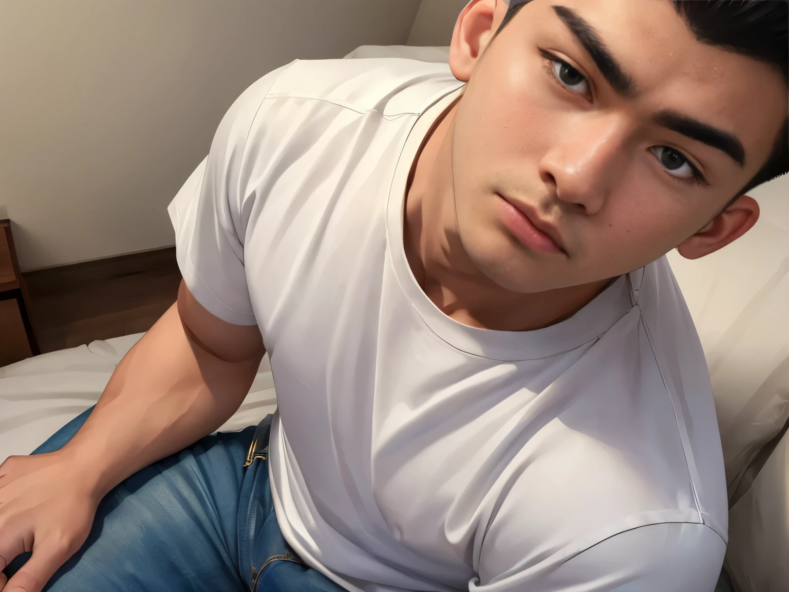 (highest quality:1.5), (masterpiece:1.5), (8K:1.5), (Bedroom:1:1), White T-shirt, jeans, crew cut, Macho, Japanese, 20-year-old, Sitting on the bed, (Surprised expression:1.2), (close-up face:1.2)