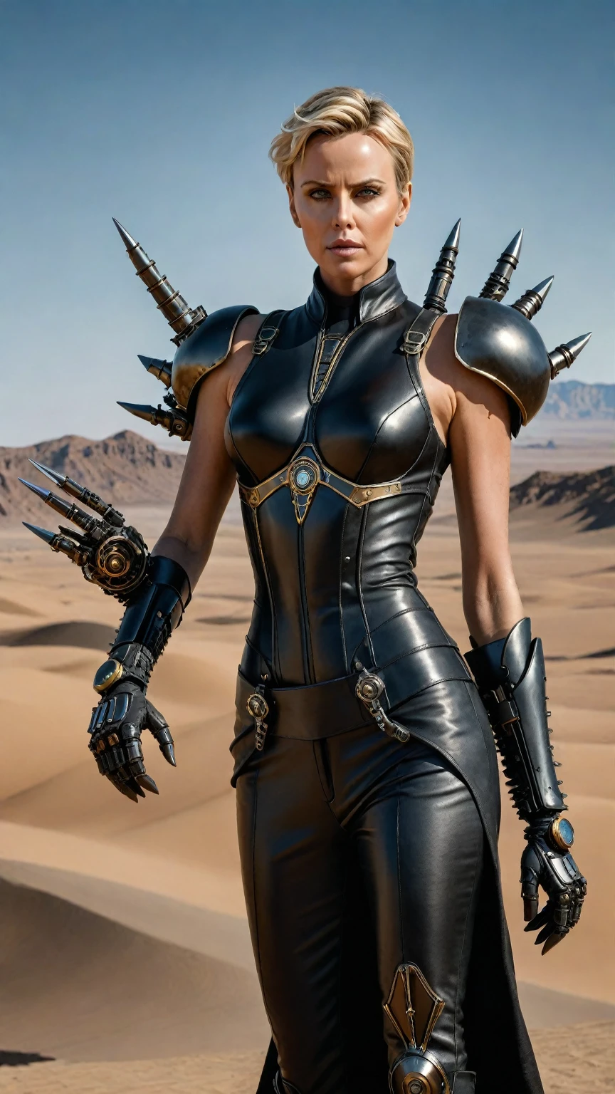 incredible Charlize Theron with her forehead and eyelids painted black, with a robotic steampunk hand with three large claws,stands in the middle of the desert, photorealistic, 8k, best quality, masterpiece