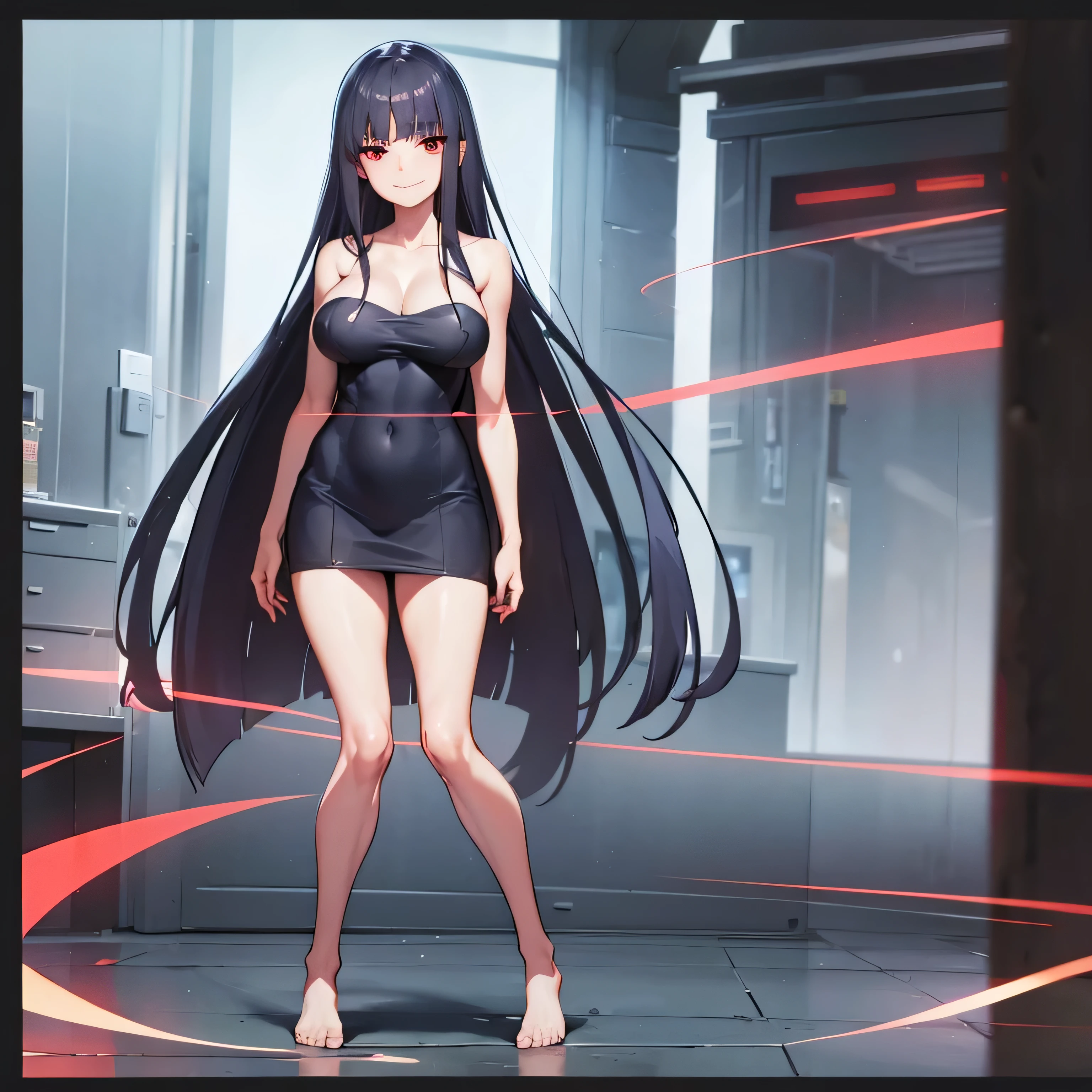 best quality: 1.0), (ultra high resolution: 1.0), animated movie, black long hair, red eyes, nipple, standing, full body, smiling face, alone, looking at viewer, big bust, sagging breasts, complete body, cleavage, clavicle, naked, exposure, clitoris, thighs, calf, bare foot, closed mouth, adult women, standing, straight on, classroom background