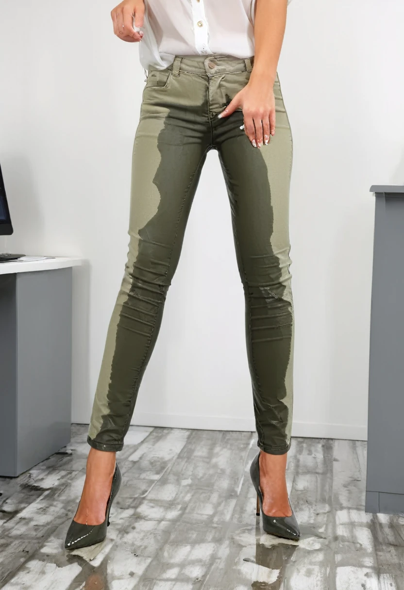 attractive blonde woman wearing olive green skinny jeans, high heel pumps, white blouse, standing in an office, wetting, big smile, pee stains are gleaming wet