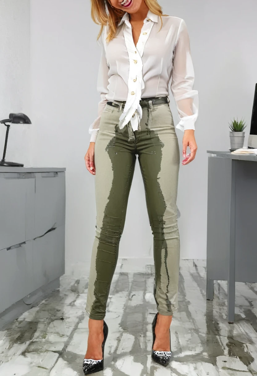 attractive blonde woman wearing olive green skinny jeans, high heel pumps, white blouse, standing in an office,  wetting, big smile, pee stains are gleaming wet