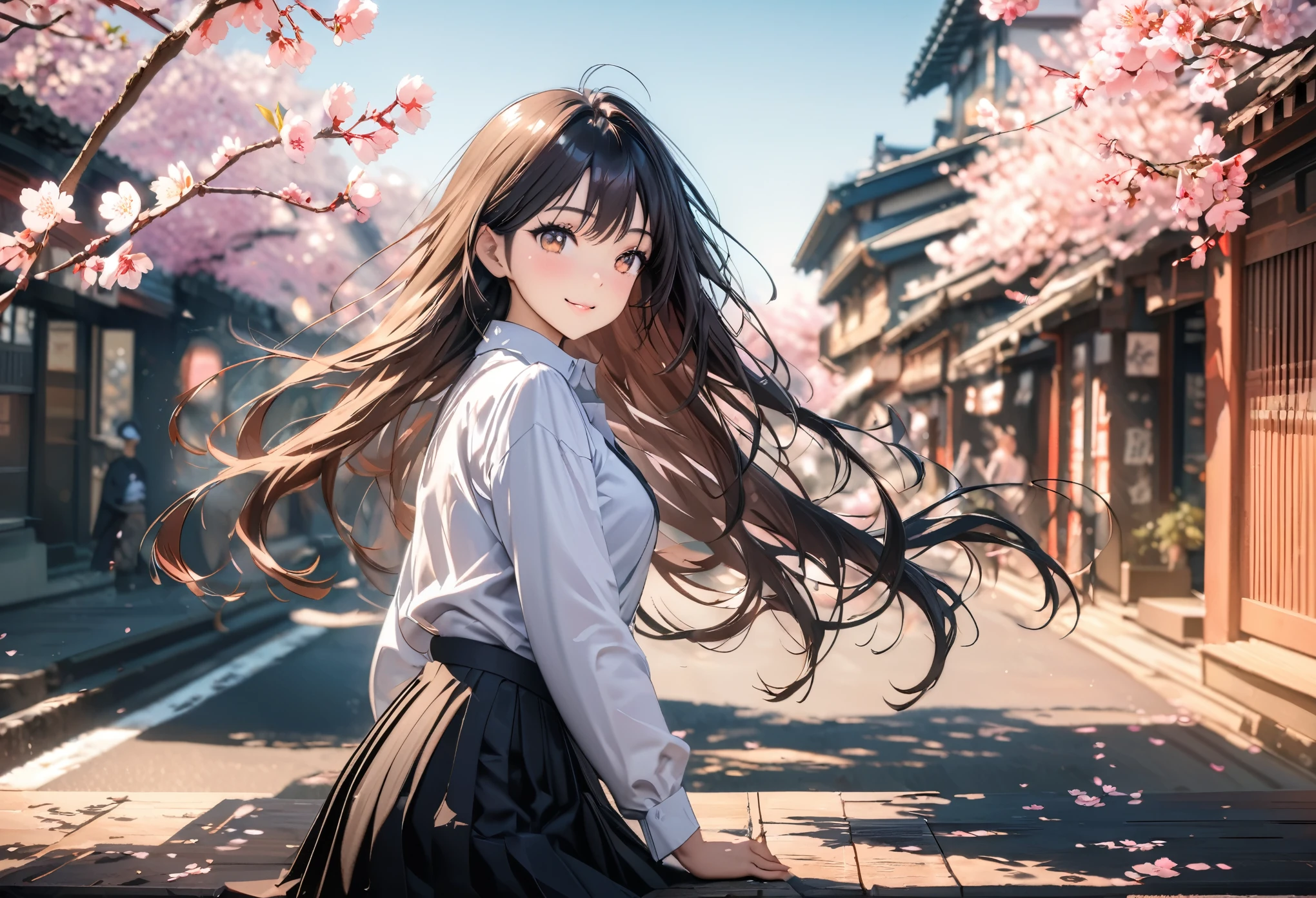 ((best quality)), ((masterpiece)), (detailed), (High contrast natural side daylight, Dynamic lighting, movie lighting), side view, look back, Anime style, Cute Japanese girl, looking at the audience, Smooth and fair skin, Exaggerated super long hair, Black straight hair wavy headl, Long hair blows with the wind, ((Super fine hair quality)),  Looks cute, long upper eyelashes, thin eyebrows, big eyes, Amber pupils, Ultra-detailed eyes, Slightly blush, Smile, Exquisite rimless glasses, Detailed face, detailed face, Small nose, Small lips, rest, 
((symmetrical clothes, Uniforms, white collar button down shirt, Black pleated student skirt, dark stockings, Dark student shoes)), Perfect clothing texture, perfect body structure, attractive body shape, Long and sexy legs, Perfect foot quality, Perfect hand quality, beautiful limbs, Beautiful fingers, rest,
 (Beautiful Wind scenery), (Micro Wind Outdoor), Quiet Japanese city broad streets, Spring morning, (Wind), (Cherry blossoms), ((Perfect composition)), highlight the subject, (Detailed background:1.5), RAW photo, CG Unity, photography, Surreal details, Be focused, (Deformed depth of field blurred background), [[color saturation]], (Japanese style photos:0.3),