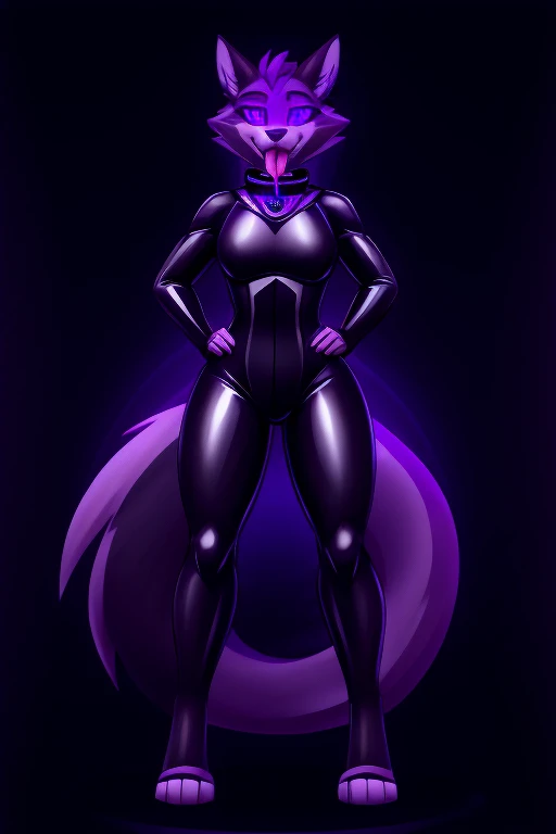 Vortex female feminine hellhound standing, tongue out, using a gray latex suit, and a black techno collar, hypnotized with glowing purple eyes without iris or pupils, tongue out, full body image, laboratory background