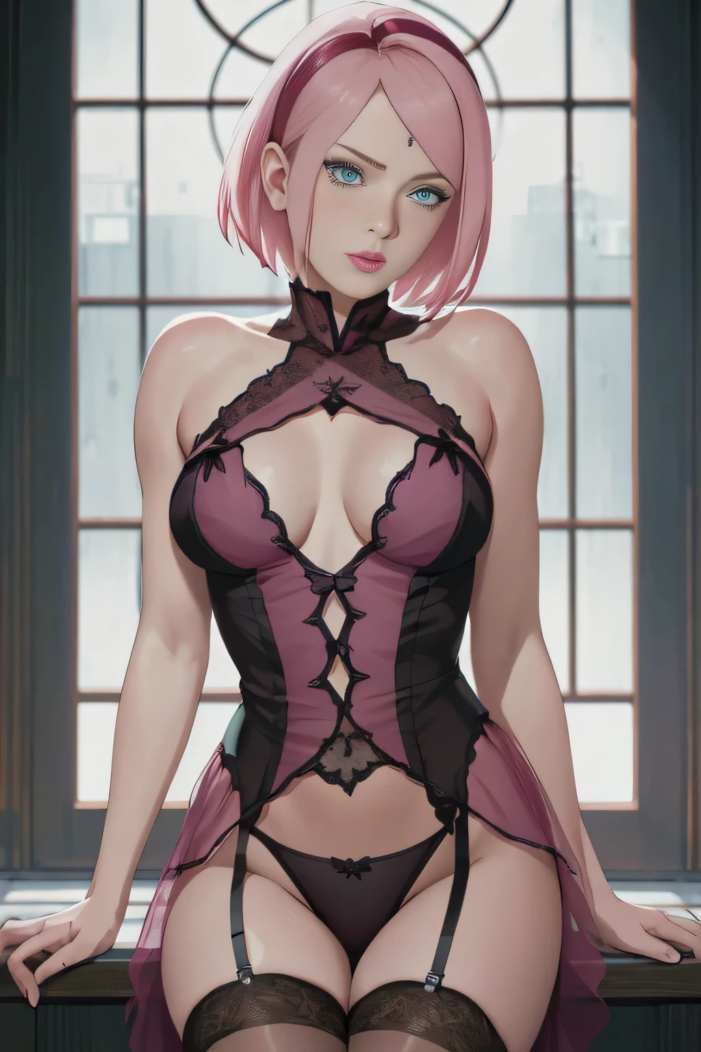 masterpiece, absurdres, sakura\(boruto\), 1girl, solo,mature female, gothic dark piece lingerie, dark, looking at viewelling petals), perfect composition, detailed lips, breast, beautiful face, body propotion, blush, (pink lips), short hair,  green eyes,  soft gaze,  super realistic, detailed, photoshoot, realistic face and body, thighhighs