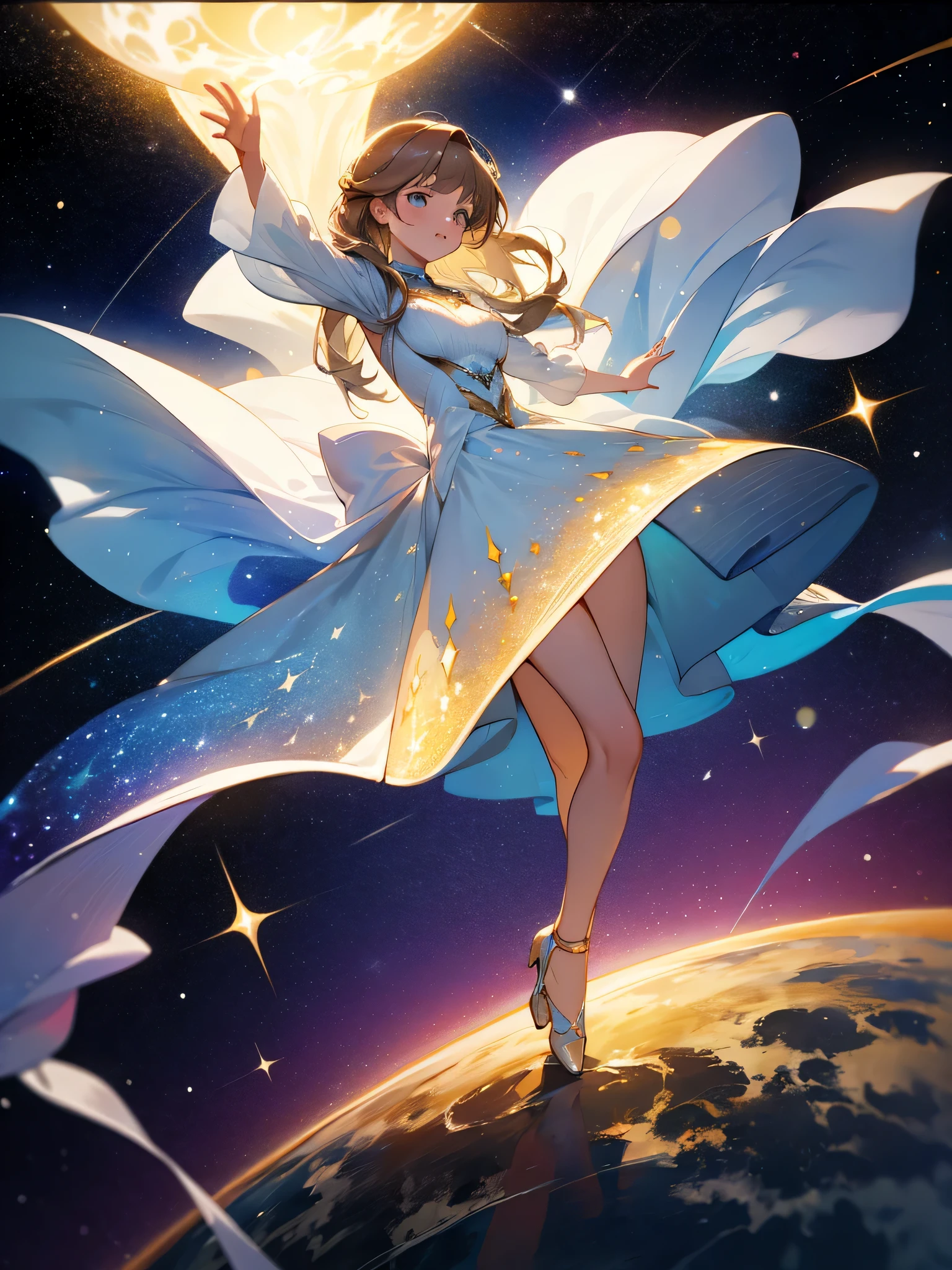 A girl in a luminous dress made of constellations dances in the clouds above the earth, The sun in the clouds, Magic