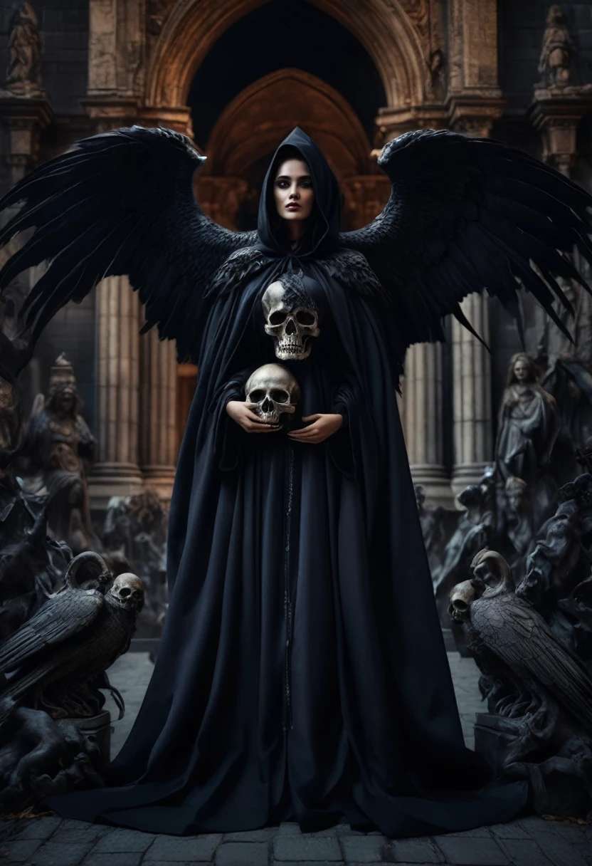 {A photorealistic image of a beautiful girl with fangs and black wings, wearing a terrifying cloak, flying and facing forward, holding a human skull in each hand, set against the backdrop of an ancient building with statues of mythological creatures, reminiscent of Dracula's castle, the scene is dark and eerie with gothic architecture, the atmosphere exudes classic horror vibes, high detail, sharp focus, wide angle, 35mm lens, 8K resolution, HDR, professional lighting, cinematic, dark colors}
