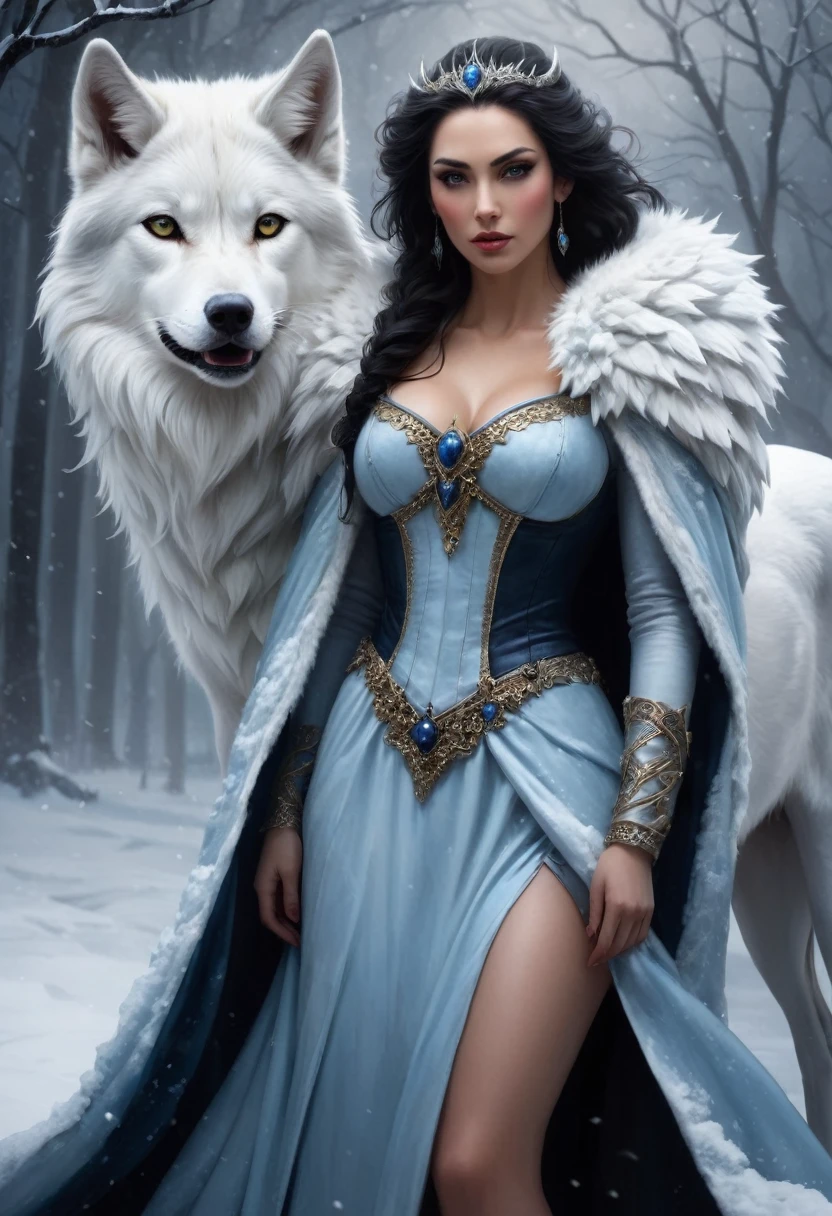 un primer plano de una mujer con un vestido y un lobo, arte conceptual por Cynthia Sheppard, Tendencias en la sociedad CG, fantasy art, reina del hielo y la tormenta, pelaje blanco y piel oscura, loba antropomorfa hembra, diosa del invierno, reina del invierno, fantasy art style, diosa del amor femenina de piel oscura, epic fantasy art style