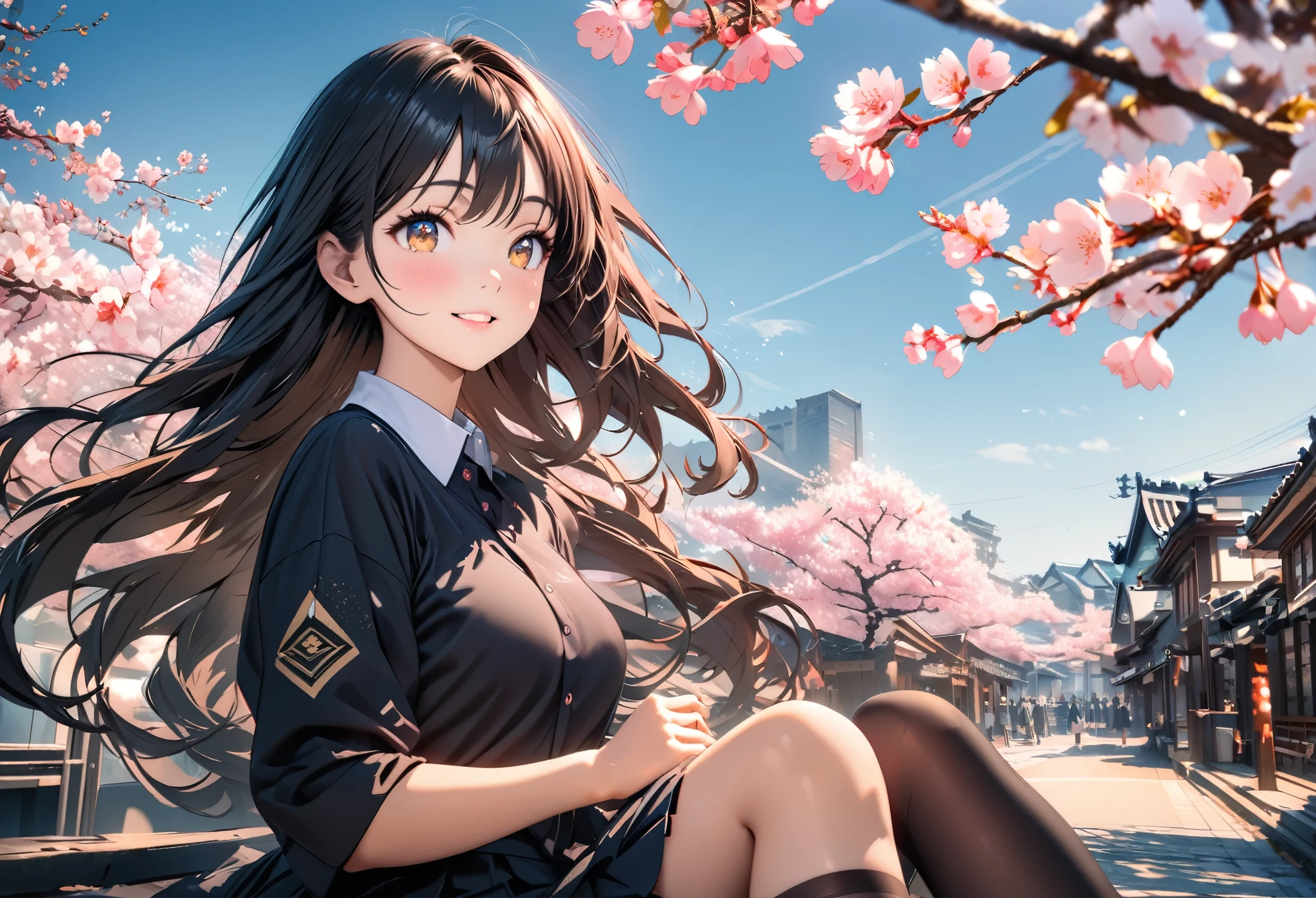 ((best quality)), ((masterpiece)), (detailed), (High contrast natural side daylight, Dynamic lighting, movie lighting), side view, look back, Anime style, Cute Japanese girl, looking at the audience, Smooth and fair skin, Exaggerated super long hair, Black straight hair wavy headl, Long hair blows with the wind, ((Super fine hair quality)),  Looks cute, long upper eyelashes, thin eyebrows, big eyes, Amber pupils, Ultra-detailed eyes, Slightly blush, Smile, Exquisite rimless glasses, Detailed face, detailed face, Small nose, Small lips, rest, 
((symmetrical clothes, Uniforms, white collar button down shirt, Black pleated student skirt, dark stockings, Dark student shoes)), Perfect clothing texture, perfect body structure, attractive body shape, Long and sexy legs, Perfect foot quality, Perfect hand quality, beautiful limbs, Beautiful fingers, rest,
 (Beautiful Wind scenery), (Micro Wind Outdoor), Quiet Japanese city broad streets, Spring morning, (Wind), (Cherry blossoms), ((Perfect composition)), highlight the subject, (Detailed background:1.5), RAW photo, CG Unity, photography, Surreal details, Be focused, (Deformed depth of field blurred background), [[color saturation]], (Japanese style photos:0.3),