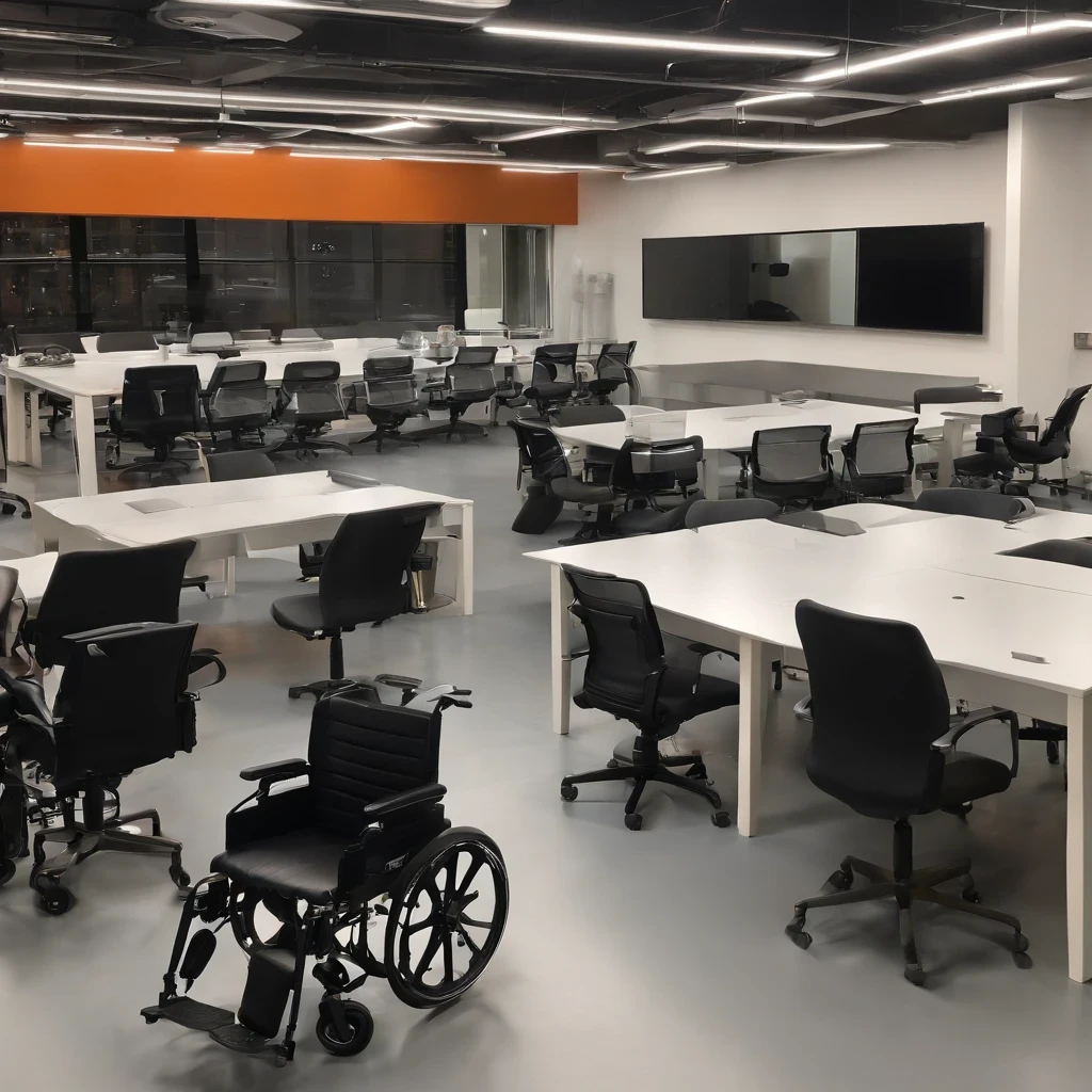A large studio of 7 rows and 4 wide with a counter separating white tables and black wheelchairs, on the 15th floor of a building that has large glass windows