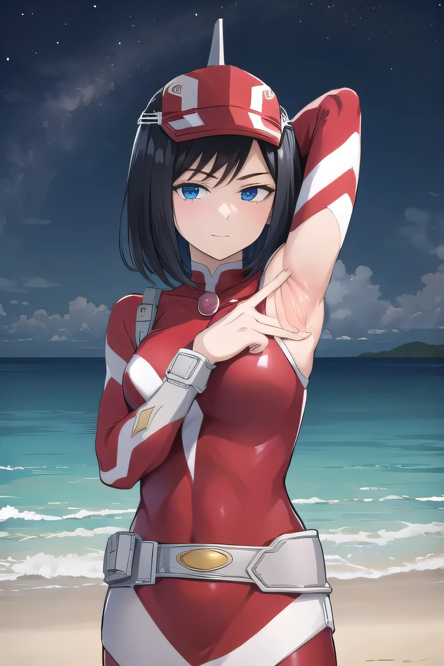 kodaiyui, visor cap, red and white bodysuit, long sleeves, belt, white skirt, looking at viewer, emotionless, showing armpit, looking at viewer, solo, contrapposto, spread armpit, arms behind head, smile, looking at viewer, upper body, closed mouth, night sky, beach, best quality, expressionless, anime, anime coloring,