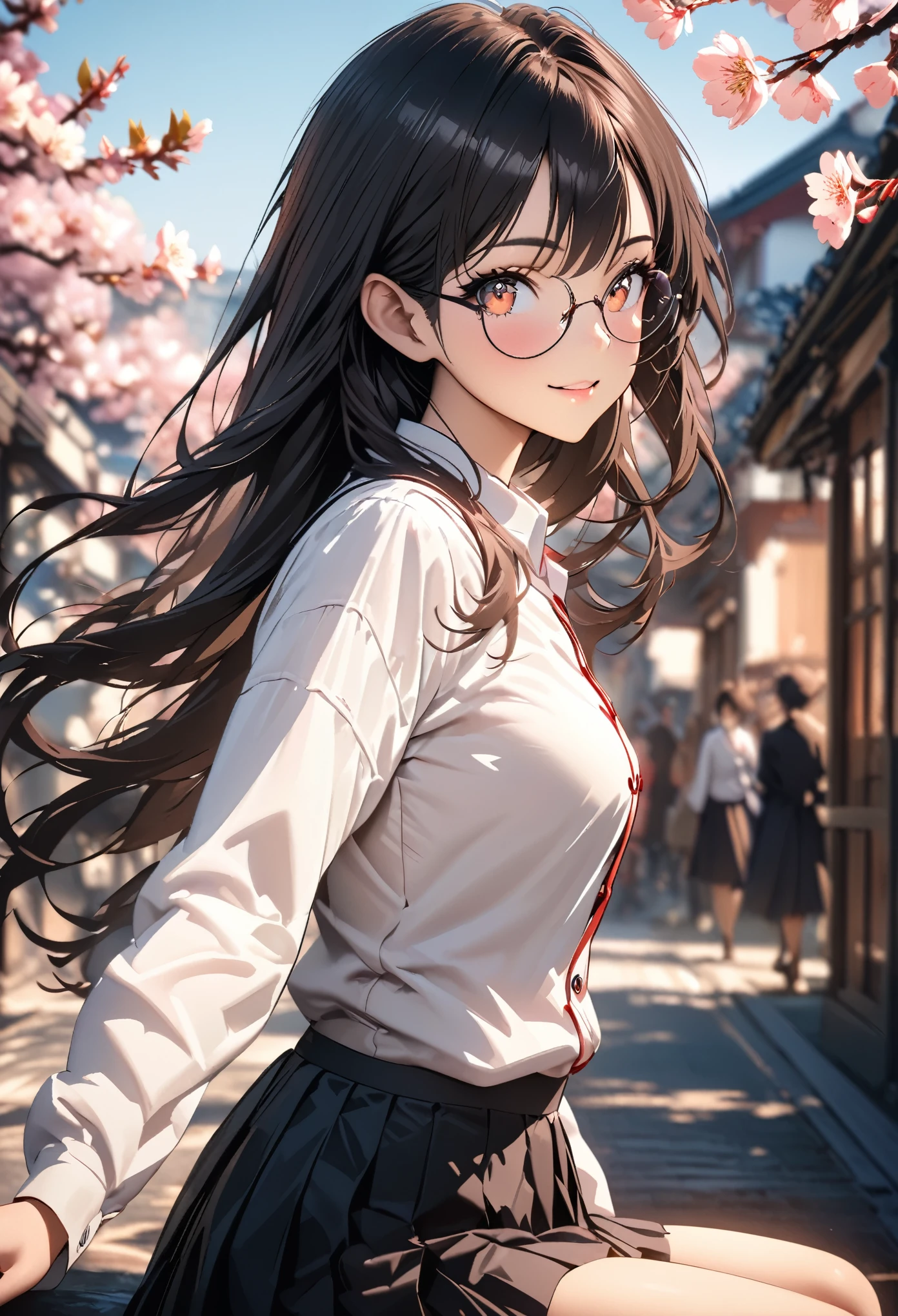 ((best quality)), ((masterpiece)), (detailed), (High contrast natural side daylight, Dynamic lighting, movie lighting), side view, look back, Anime style, Cute Japanese girl, looking at the audience, Smooth and fair skin, Exaggerated super long hair, Black straight hair wavy headl, Long hair blows with the wind, ((Super fine hair quality)),  Looks cute, long upper eyelashes, thin eyebrows, big eyes, Amber pupils, Ultra-detailed eyes, Slightly blush, Smile, Exquisite rimless glasses, Detailed face, detailed face, Small nose, Small lips, rest, 
((symmetrical clothes, Uniforms, white collar button down shirt, Black pleated student skirt, dark stockings, Dark student shoes)), Perfect clothing texture, perfect body structure, attractive body shape, Long and sexy legs, Perfect foot quality, Perfect hand quality, beautiful limbs, Beautiful fingers, rest,
 (Beautiful Wind scenery), (Micro Wind Outdoor), Quiet Japanese city broad streets, Spring morning, (Wind), (Cherry blossoms), ((Perfect composition)), highlight the subject, (Detailed background:1.5), RAW photo, CG Unity, photography, Surreal details, Be focused, (Deformed depth of field blurred background), [[color saturation]], (Japanese style photos:0.3),