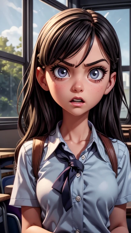 a mean girl in a classroom, glaring sideways, detailed eyes, detailed face, beautiful detailed lips, long eyelashes, school uniform, angry expression, dramatic lighting, cinematic atmosphere, vibrant colors, photorealistic, 8k, high quality, concept art